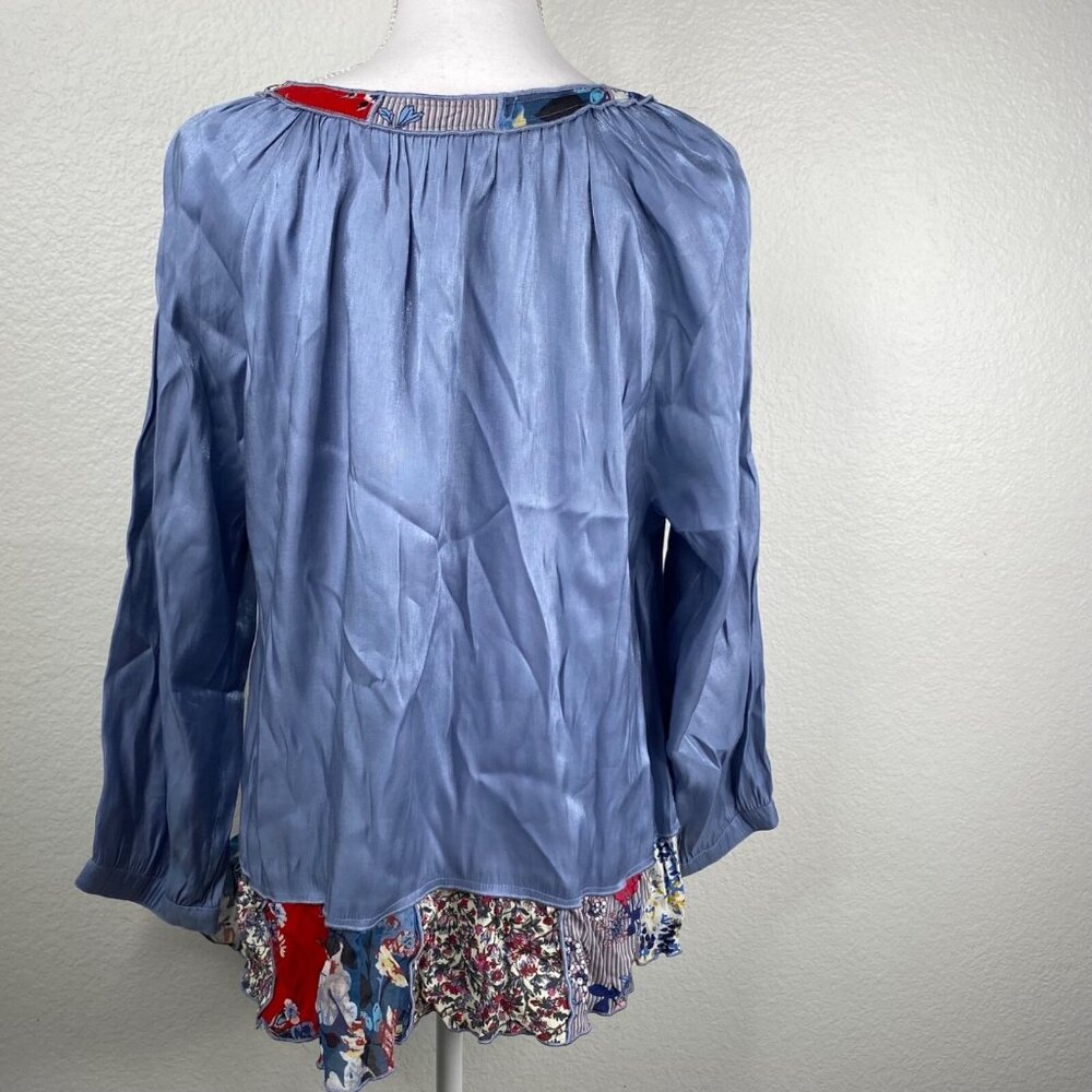John Mark Top Women's Sz XL Blue Patchwork Hem Boho Art to Wear Shimmer Unique - Picture 3 of 10